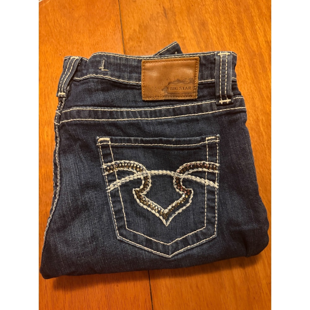 Big Star Remy Low Rise Straight Leg Jeans Dark Wash Blue Sequin Pocket 32R